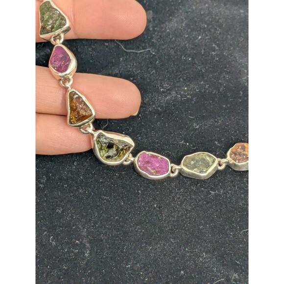 Raw Rainbow Tourmaline Sterling Silver Toggle Clasp Bracelet 7.5" Colourful - Picture 3 of 8